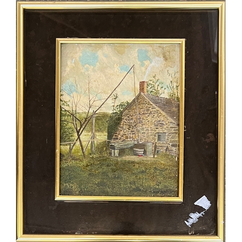 696 - An early 20th century oil on canvas, study of a stone cottage, signed indistinctly lower right, 25x2... 