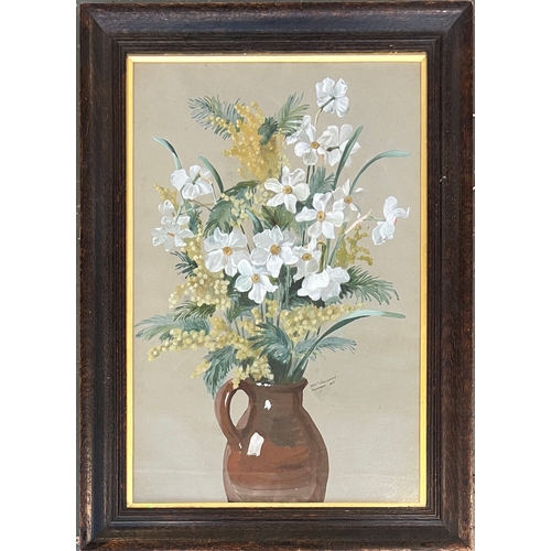 698 - An early 20th century gouache on paper, white flowers in a stoneware jug, signed Max Wadsworth and d... 