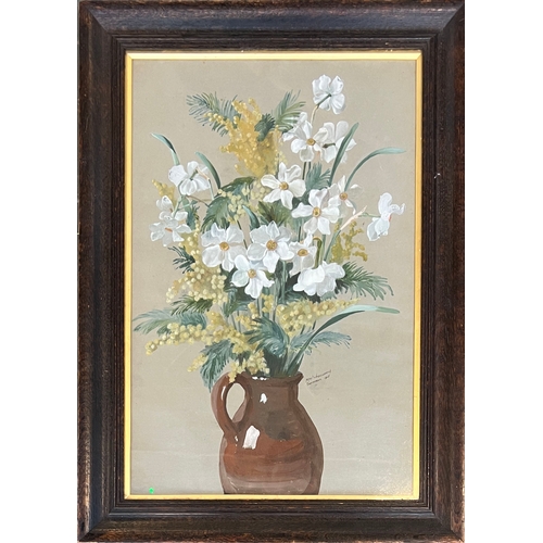 698 - An early 20th century gouache on paper, white flowers in a stoneware jug, signed Max Wadsworth and d... 