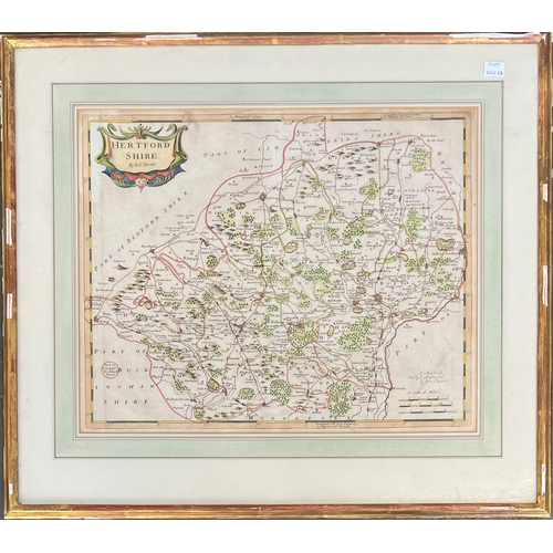 701 - Robert Morden (1650-1703), an 18th century hand coloured engraved map of Hertfordshire, 37x46cm