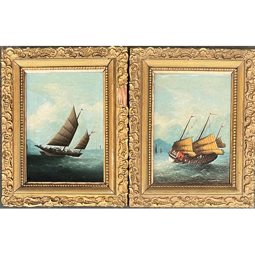 725 - A pair of naive oil on board paintings of tall ships at sea, 16.5x11.5cm