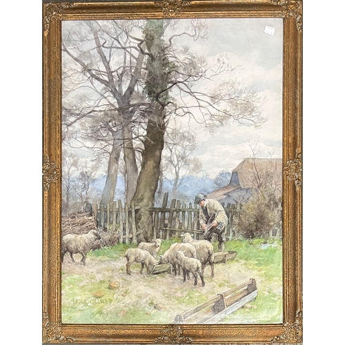 758 - Leslie Collins, 20th century watercolour of sheep, 71x51cm
