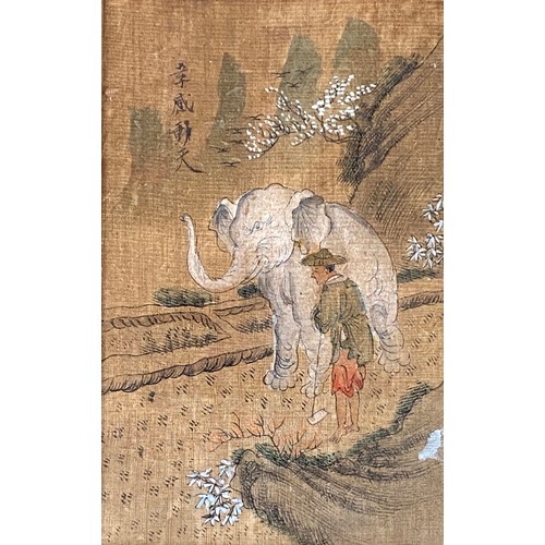 726 - A 20th century Chinese gouache painting of a man beside an elephant, 16.5x10cm