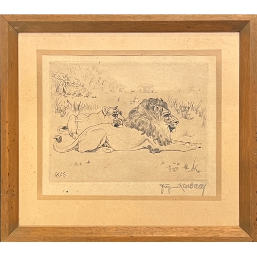 767 - Eugen Karbach (German, 1900-?), engraving of lion and lioness, signed, the plate 17.5x23cm