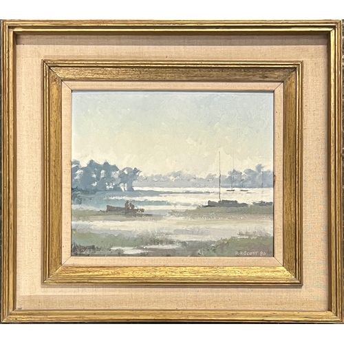 776 - Richard Ridsdale Scott (b.1938), early morning estuary landscape, oil on board, signed and dated '80... 