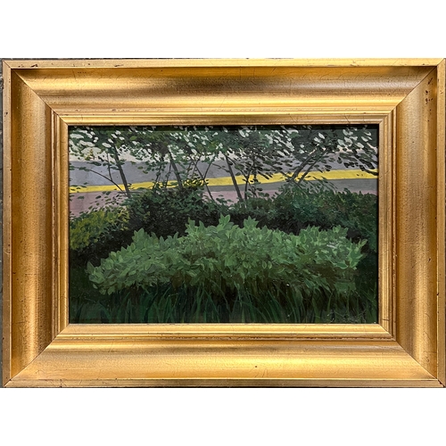 780 - Noelle Francis, a rape field seen through a verdant hedgerow, oil on board, signed and dated '80 low... 