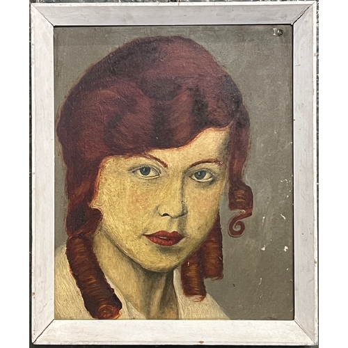787 - 20th century oil on board, portrait of girl with red curls, 34.5x28cm