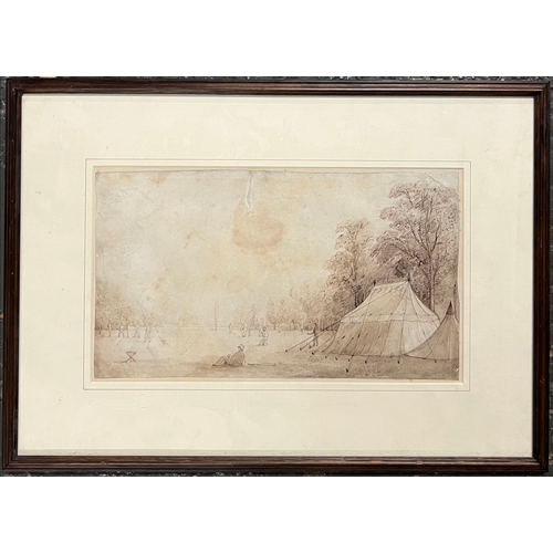 794 - Cricket interest: an early 19th century pen and ink sketch depicting a game of cricket, unsigned, th... 