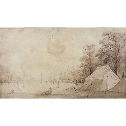 794 - Cricket interest: an early 19th century pen and ink sketch depicting a game of cricket, unsigned, th... 