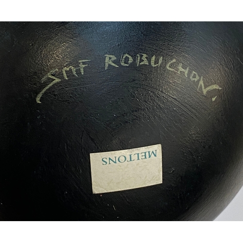 395 - A hand painted wooden egg by JMF Robuchon, decorated with a man on bicycle, 18cmH