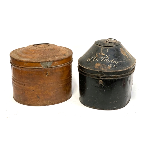 1037 - Two 19th century toleware hat boxes, one marked W.G Taylor R.N, 34cmH and 30cmH