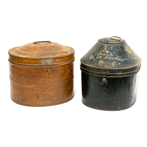 1037 - Two 19th century toleware hat boxes, one marked W.G Taylor R.N, 34cmH and 30cmH