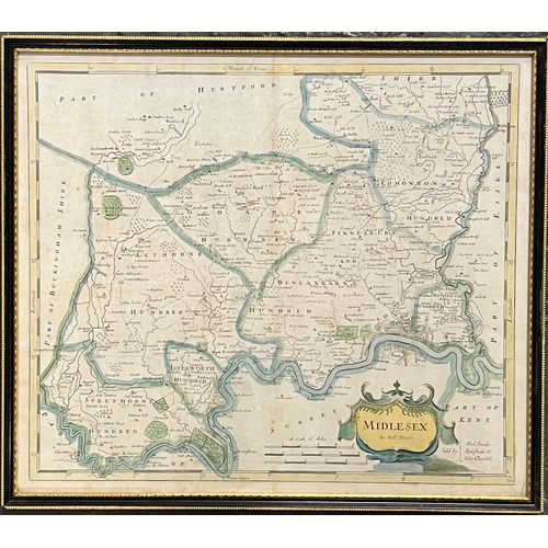821 - Robert Morden, hand coloured map of Middlesex, early 18th century, 38x44cm