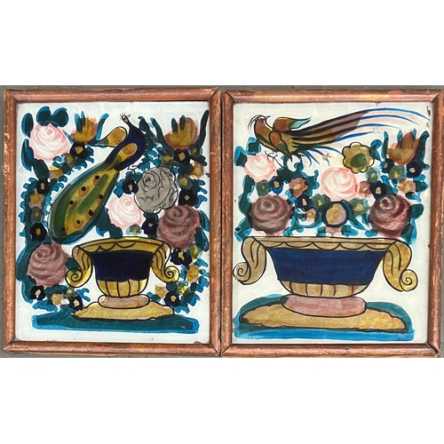 A pair of reverse paintings on glass depicting stands of flowers on ...