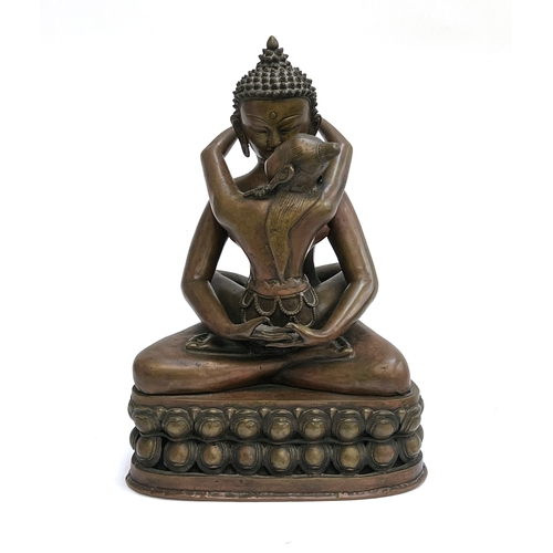 447 - A large early 20th century bronze Buddha Shakti tantric statue, engraved to base, 35cmH