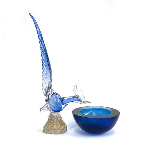 244 - A mid century Murano glass pheasant, the base with gold fleck detail, 40.5cmH