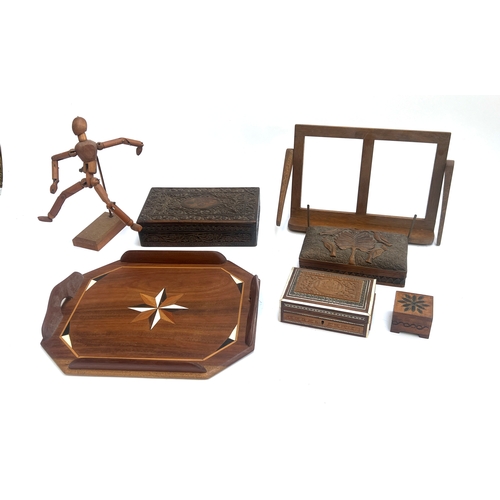 470 - A mixed lot of wooden items to include inlaid tray, 37cmW, carved Indian boxes, book stand, artists ... 