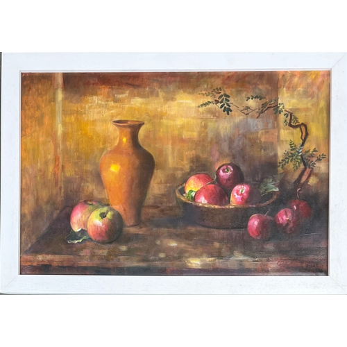 843 - Still life of apples with vase, 21st century oil on canvas, signed C.T Robinson, 39x59cm