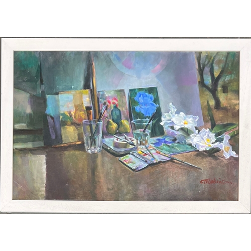 844 - Still life of artist's studio, 21st century oil on canvas, signed C.T Robinson, 39x59cm