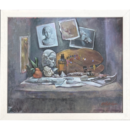 845 - Still life of artists pallet and materials, 21st century oil on canvas, signed C.T Robinson, 49x59cm