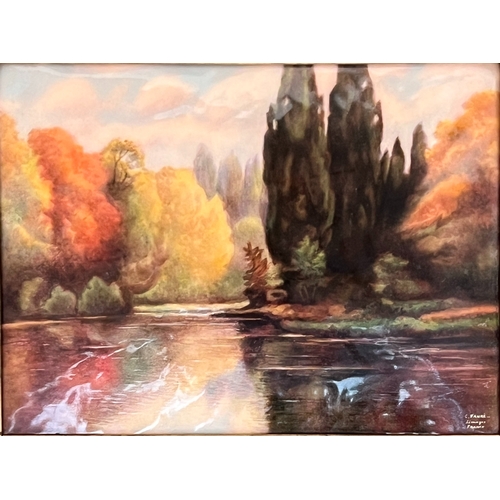 848 - Camille Faure (1874-1956), a Limoges enamel plaque depicting a river scene, signed C. Faure Limoges ... 