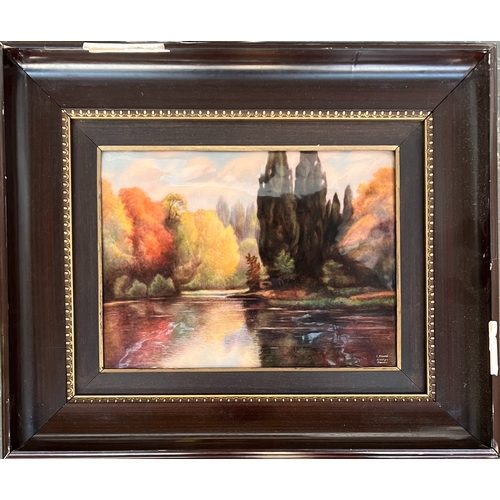 848 - Camille Faure (1874-1956), a Limoges enamel plaque depicting a river scene, signed C. Faure Limoges ... 