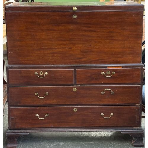 1092 - An unusual 18th century mahogany coffer on chest, the base with two short over two long drawers, on ... 