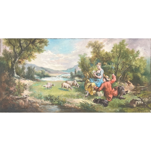 921 - 20th century oil on canvas, pastoral scene in a Romantic setting, signed lower right, 61x123cm