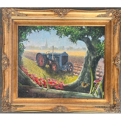 923 - 20th century oil on board, blue Fordson tractor in a field, 50x60cm