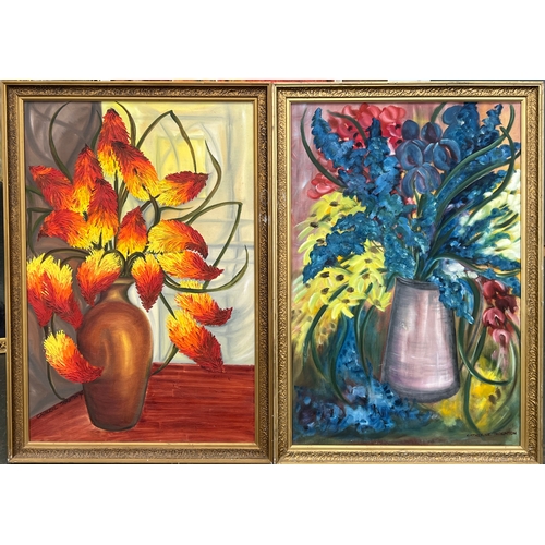 938 - Four large still life oil on canvas paintings of vases of flowers, approx. 90x60cm (4)