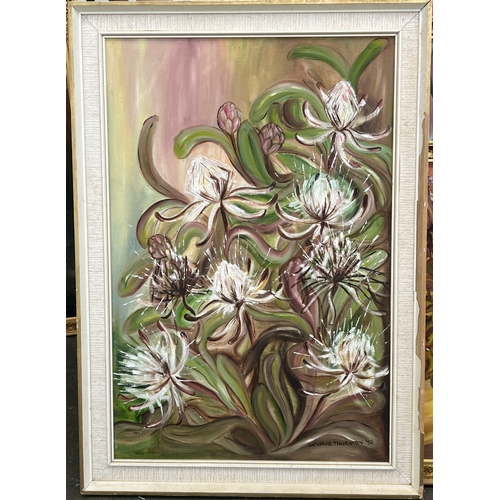 938 - Four large still life oil on canvas paintings of vases of flowers, approx. 90x60cm (4)