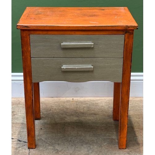 1225 - An orange and silver painted side table, 47x32x58cmH, together with a pine bedside table of three dr... 