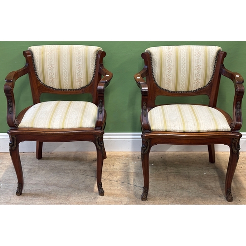 1026 - A pair of mahogany and line inlaid upholstered open armchairs, 62cmW
