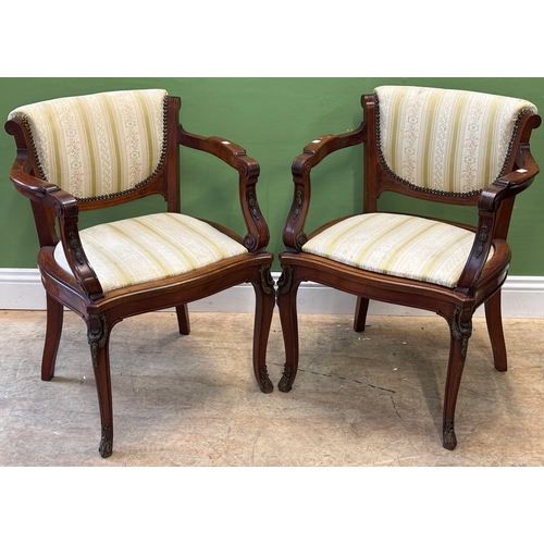 1026 - A pair of mahogany and line inlaid upholstered open armchairs, 62cmW