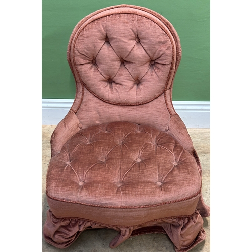 1209 - A very small 19th century slipper chair with iron frame, button upholstered in a purple velvet, legs... 