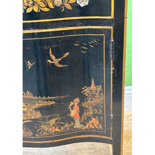 1176 - A black lacquered and gilt chinoiserie serpentine cabinet with single drawer over cupboard opening t... 