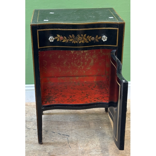 1176 - A black lacquered and gilt chinoiserie serpentine cabinet with single drawer over cupboard opening t... 
