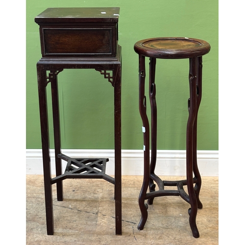 1178 - Two Chinese hardwood pot stands: one square 32x32x93cmH with slatted undershelf (af); the other circ... 