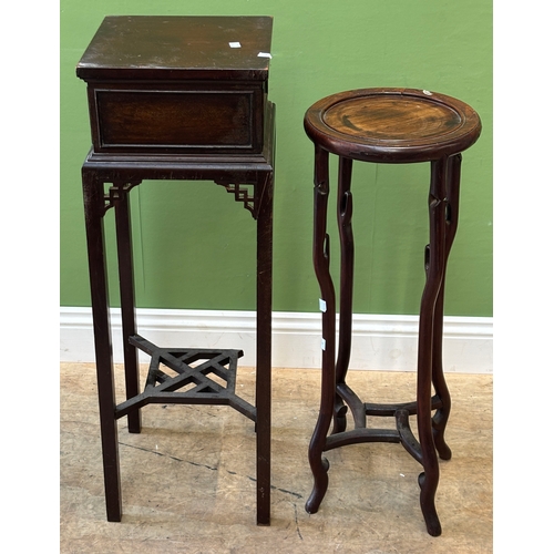1178 - Two Chinese hardwood pot stands: one square 32x32x93cmH with slatted undershelf (af); the other circ... 
