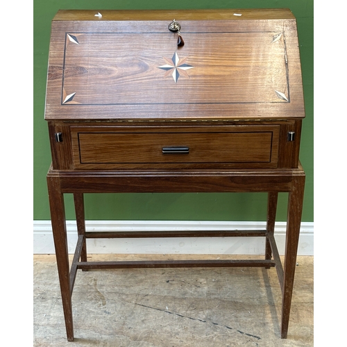 1181 - A small hardwood bureau with ebony and bone inlay over a single drawer 75cmW
