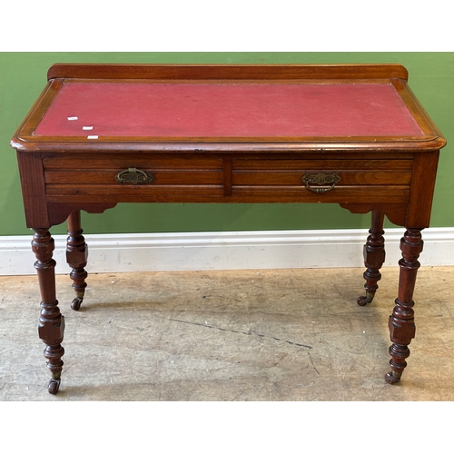 1233 - A late Victorian mahogany desk with red inset leather skiver over two drawers on turned legs, approx... 