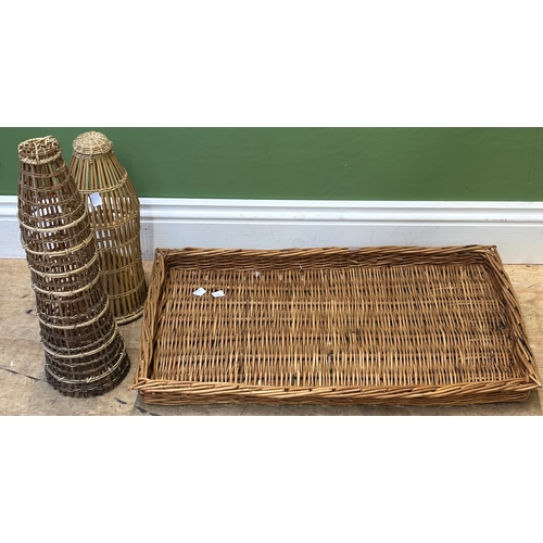 1162 - Two wicker fish traps, possibly Malaysian, 48cmL & 38cmL together with a wicker tray 42x72cm