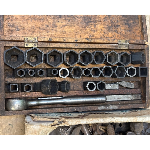1271 - A quantity of vintage and even antique spanners, to include one adjustable, and a vintage socket set