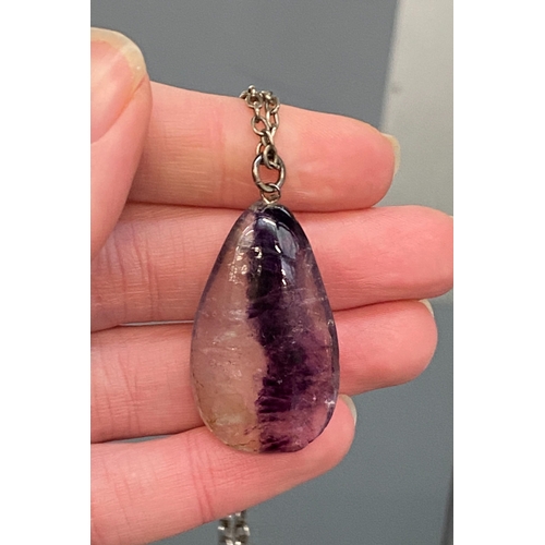 35 - A Derbyshire Blue John drop pendant, 3.6cmL, on a silver chain, the chain weighing 8g, in original b... 