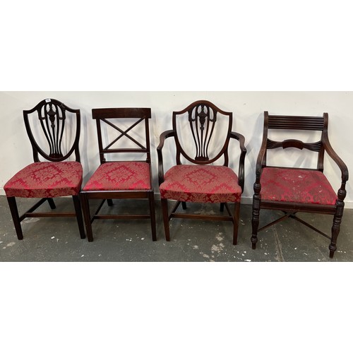 1160 - A set of six shieldback dining chairs, comprising two carvers, with two red upholstered stuff over s... 
