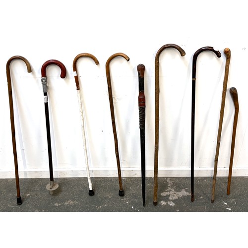 1138 - A quantity of walking sticks to include one made from Antelope horn, ash and hazel, an aluminium and... 