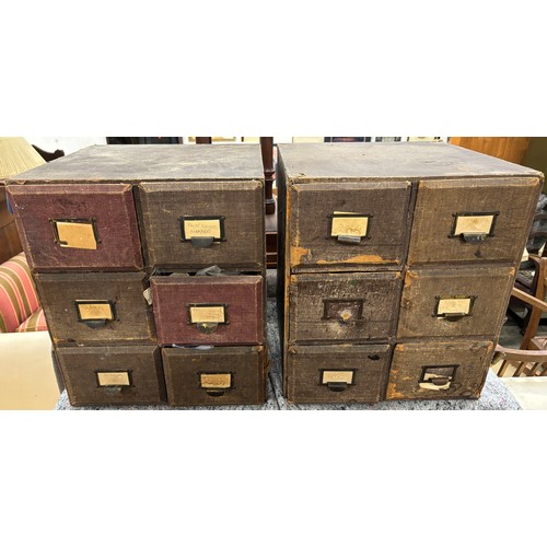 1250 - Two canvas clad pine sets of six drawers containing a quantity of vintage tools and fittings, each 3... 