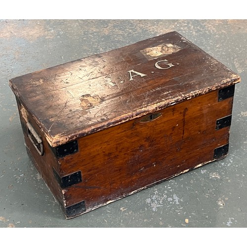 1361 - A pine trunk with metal bracing, the top monogrammed LRAG, 64x38.5x33cmH