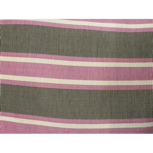 1288 - A good three seater sofa in a green and pink striped fabric, with feather filled cushions, on square... 
