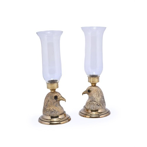 294 - A pair of vintage French brass mounted simulated ivory eagle vase storm lanterns, with glass inset e... 